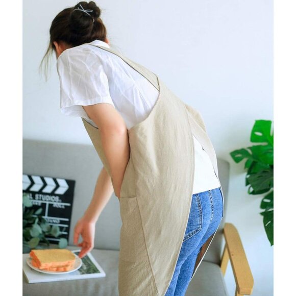 Soft Cotton Linen Apron Cross Back X-Shaped Japanese Style Pinafore Dress for Co - Picture 7 of 9